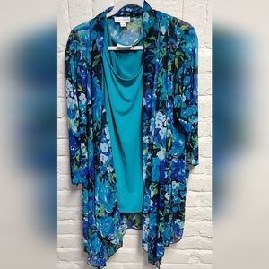 Susan Graver Printed Mesh Cardigan and Liquid Knit Tank Set Blue & Teal.